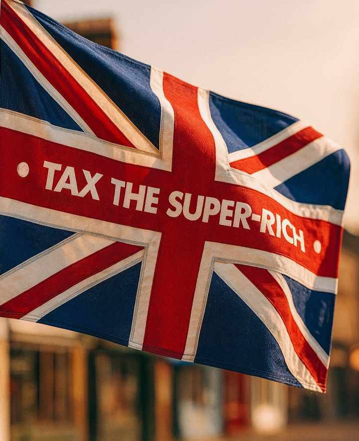 Fair Tax Union Jack flag with the words "TAX THE SUPER-RICH"